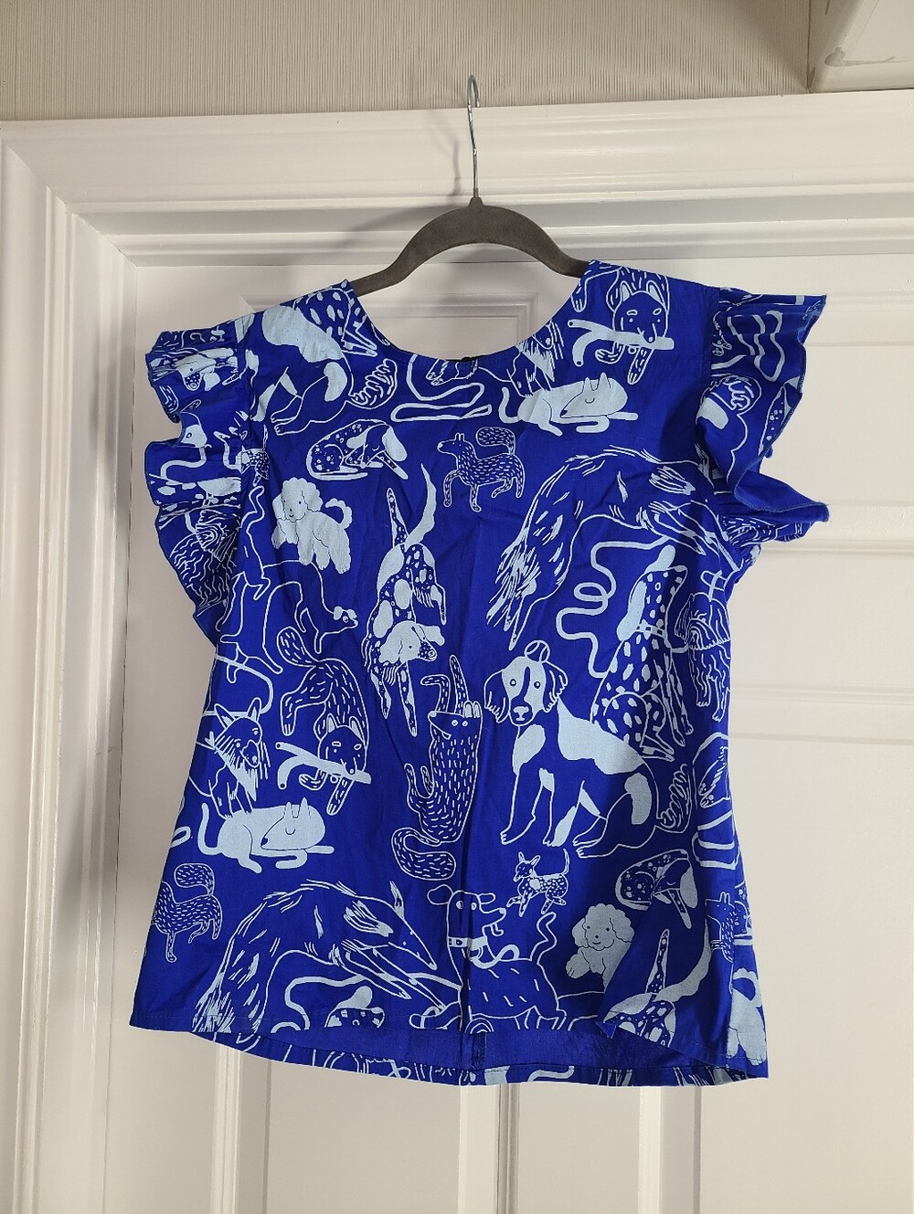 Nooworks Ruffle Top in the Blue Dog Print by Eva Stalinski Size M